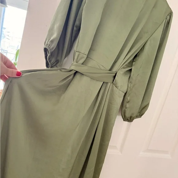 Aritzia Olive Green Wrap Midi Dress with Tie Waist - Picture 3 of 5